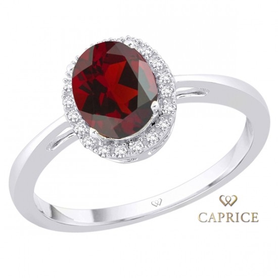 Woman diamond ring, white gold, garnet